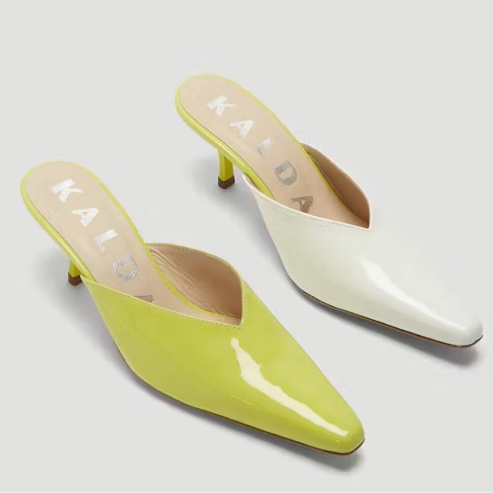 Kalada 2.75" Bicolor Patent Leather Square Toe Mules Green White 37 7